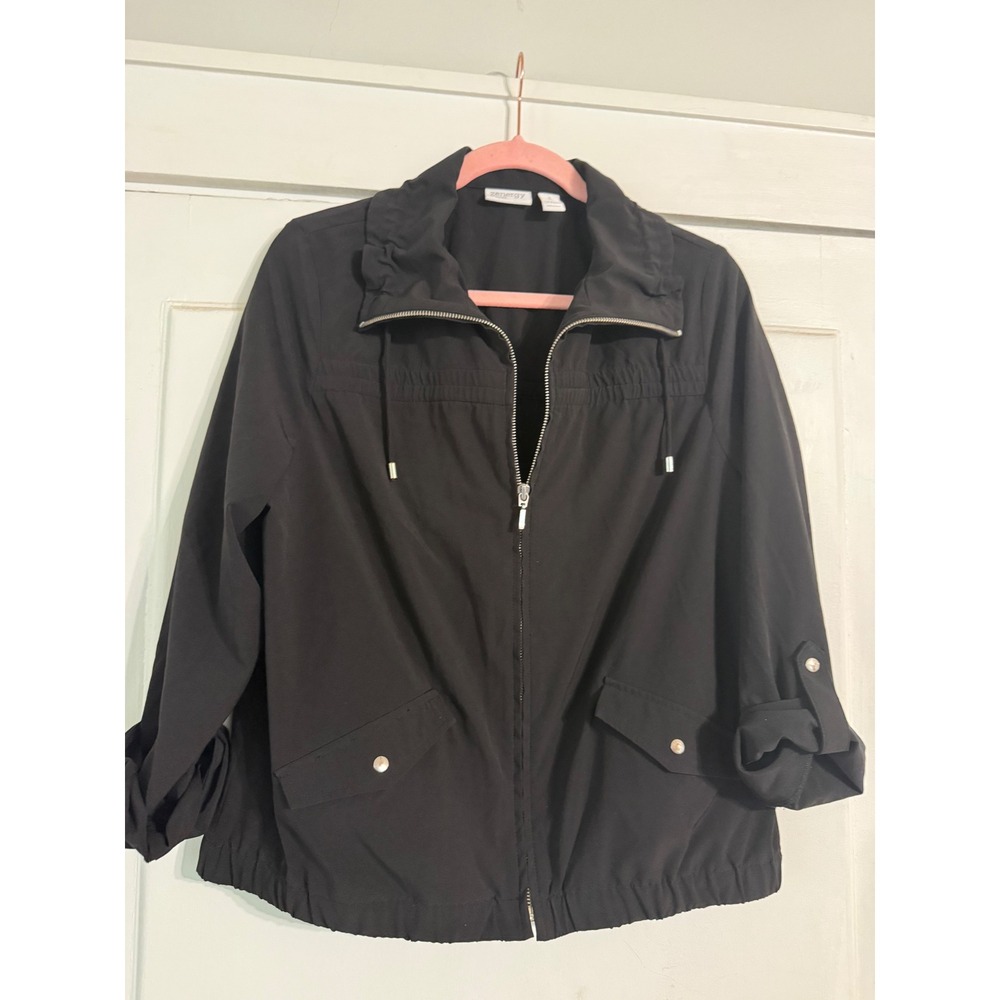 Zenergy by Chico's Black Full Zip Lightweight Jacket Roll Tab Sleeve Size 1 M